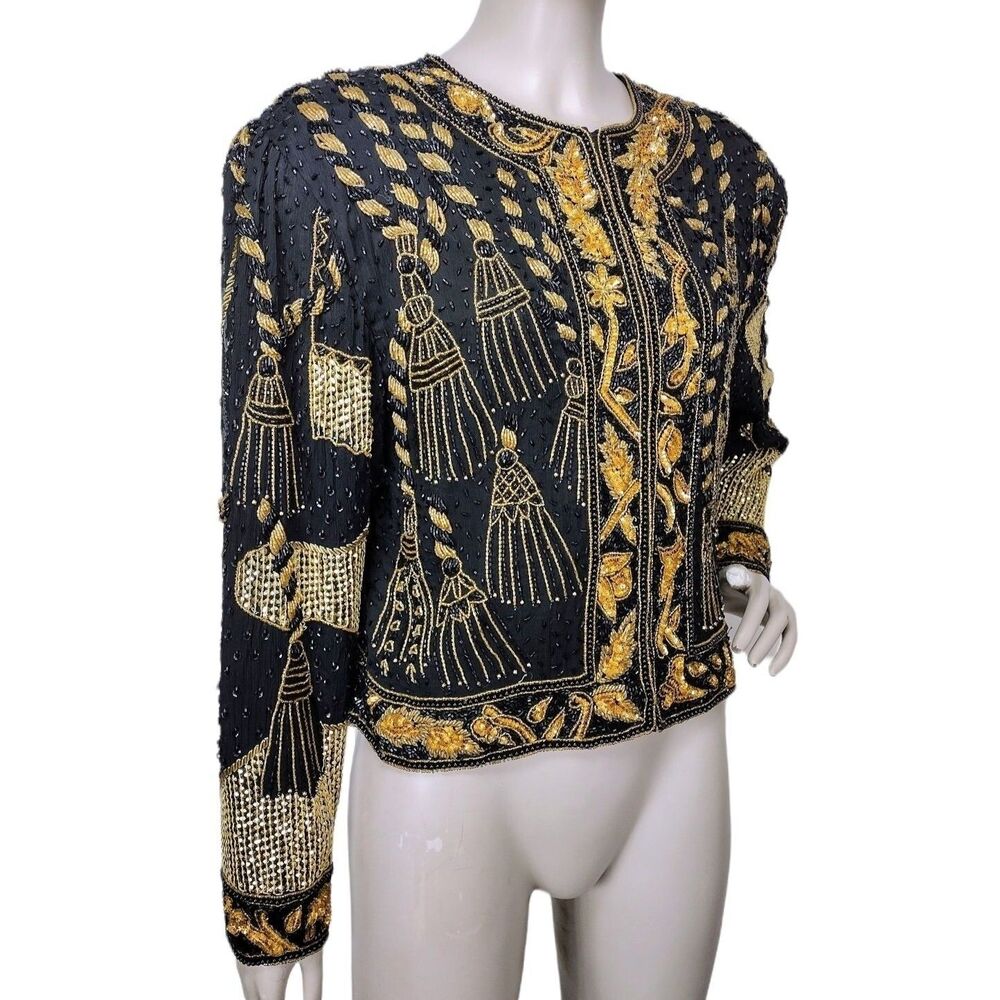 Vintage 80s 100% Silk Black & Gold Fully Beaded Party Cocktail Jacket Tassels